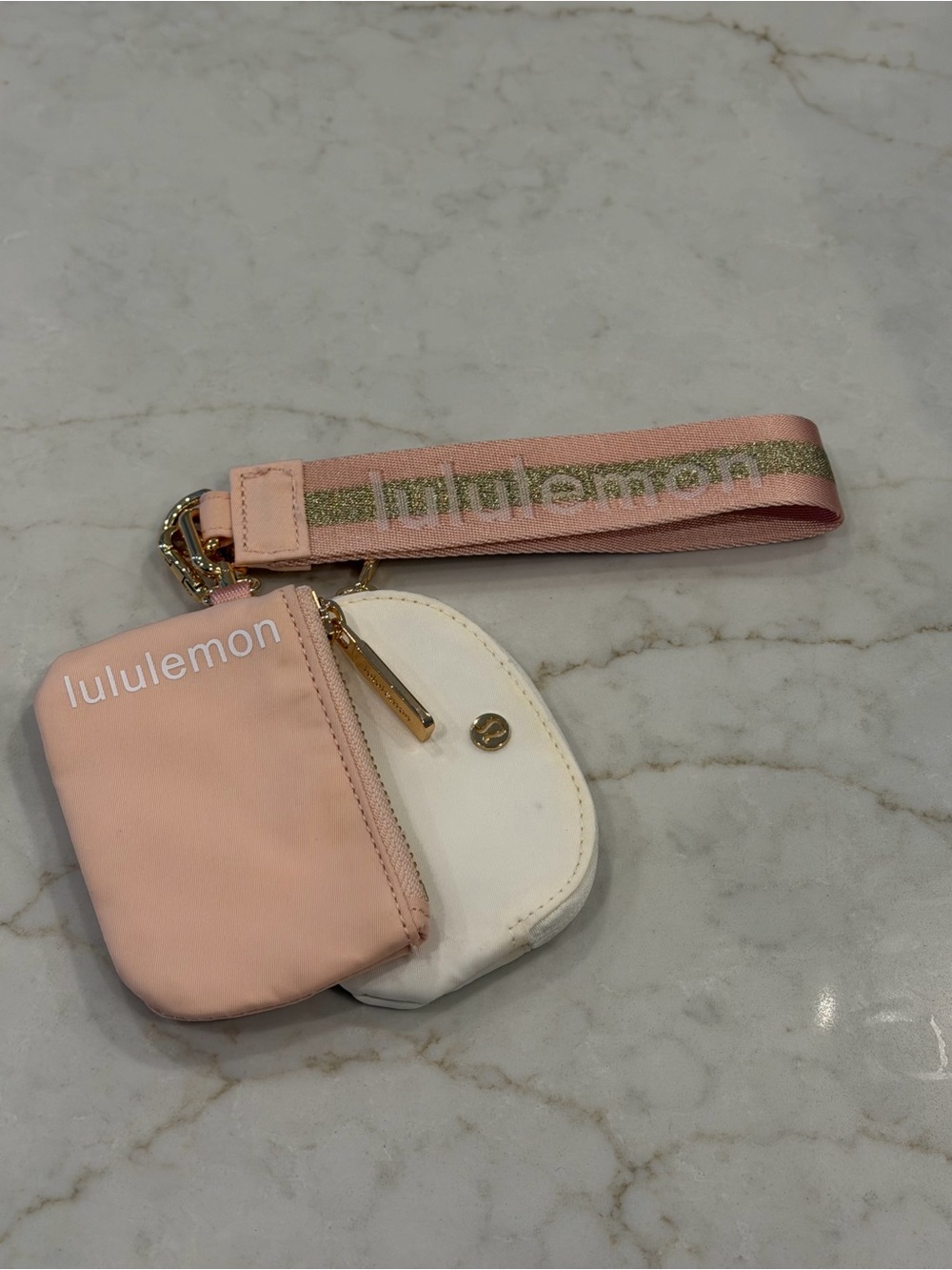 Lululemon Dual Pouch Wristlet Pink Pearl White Rose Gold Gold Hardware